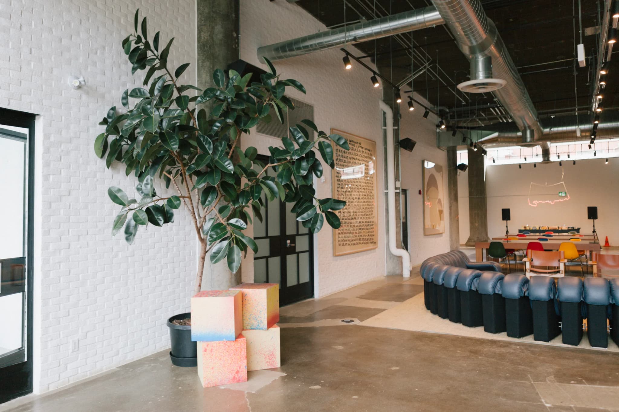 Industrial coworking space at Eastroom Carroll with large Rubber Tree and colorful seating
