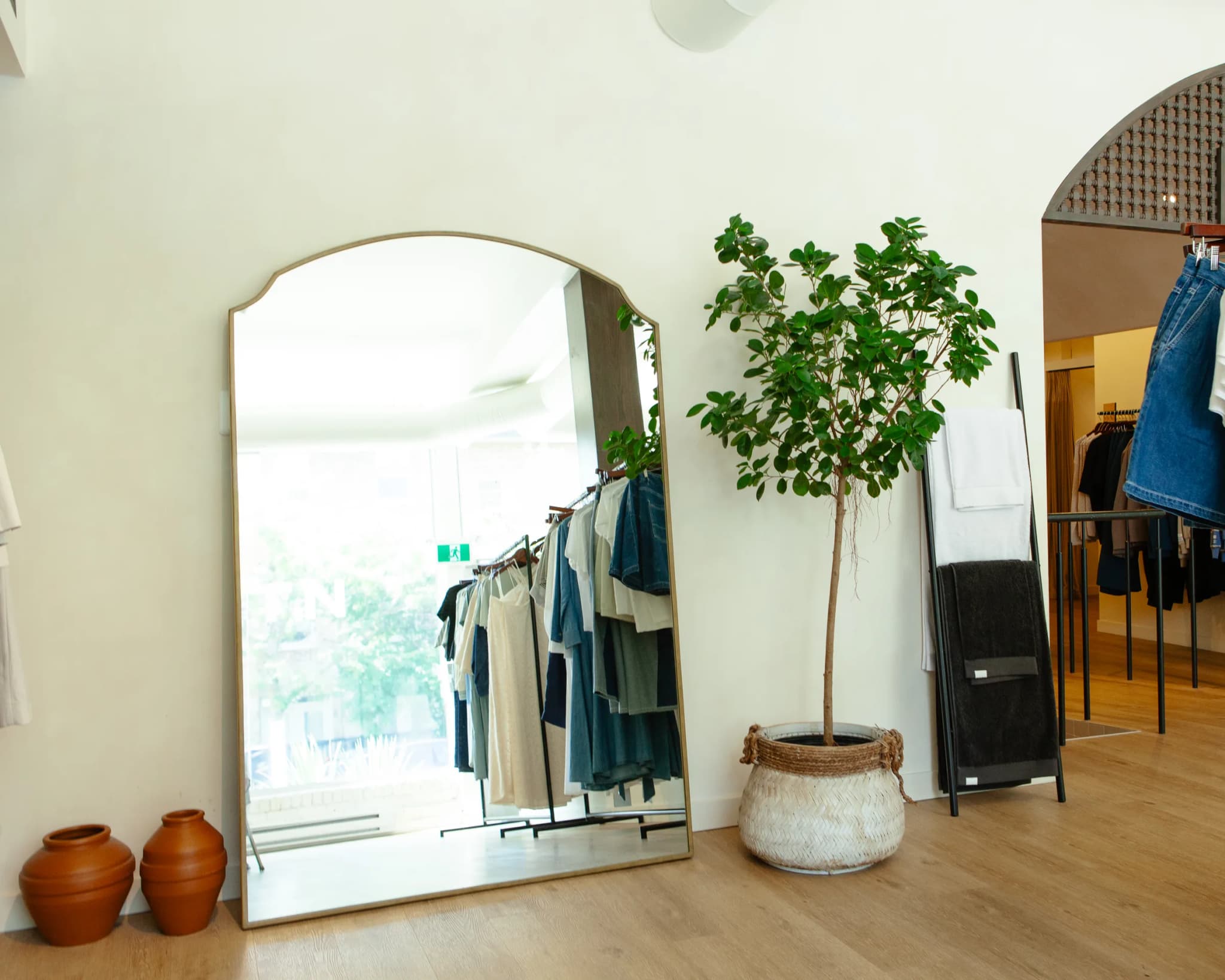 Arched brass mirror with Ficus tree in woven basket and terracotta pots at KOTN Ossington