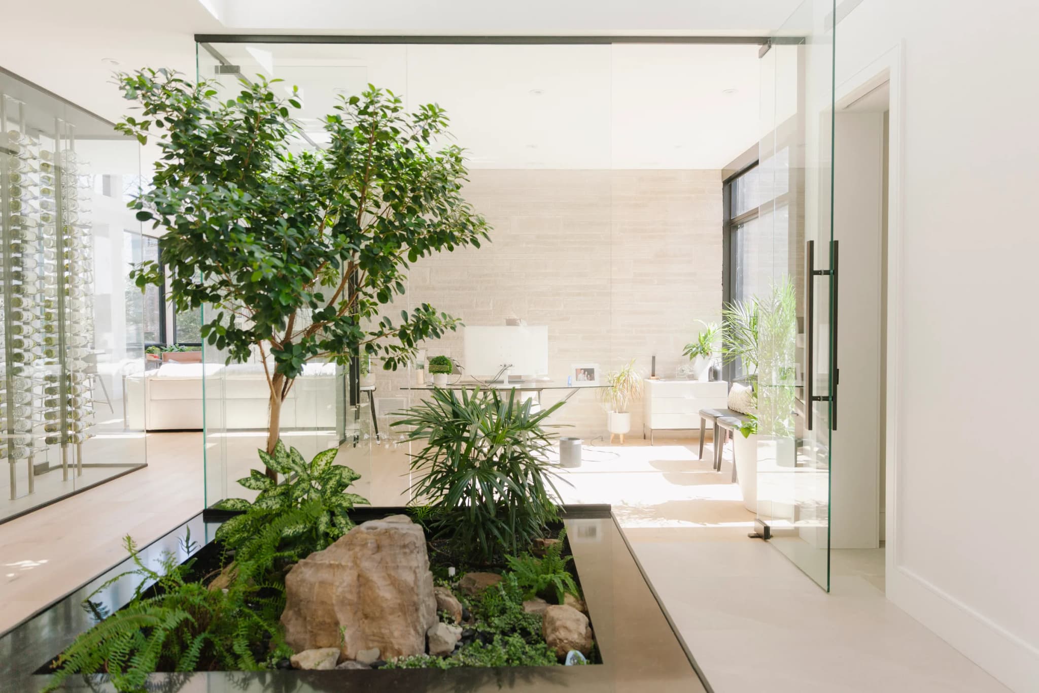 Glass-enclosed indoor atrium with mature Ficus tree, ferns, natural stone and water feature in luxury Mississauga residence