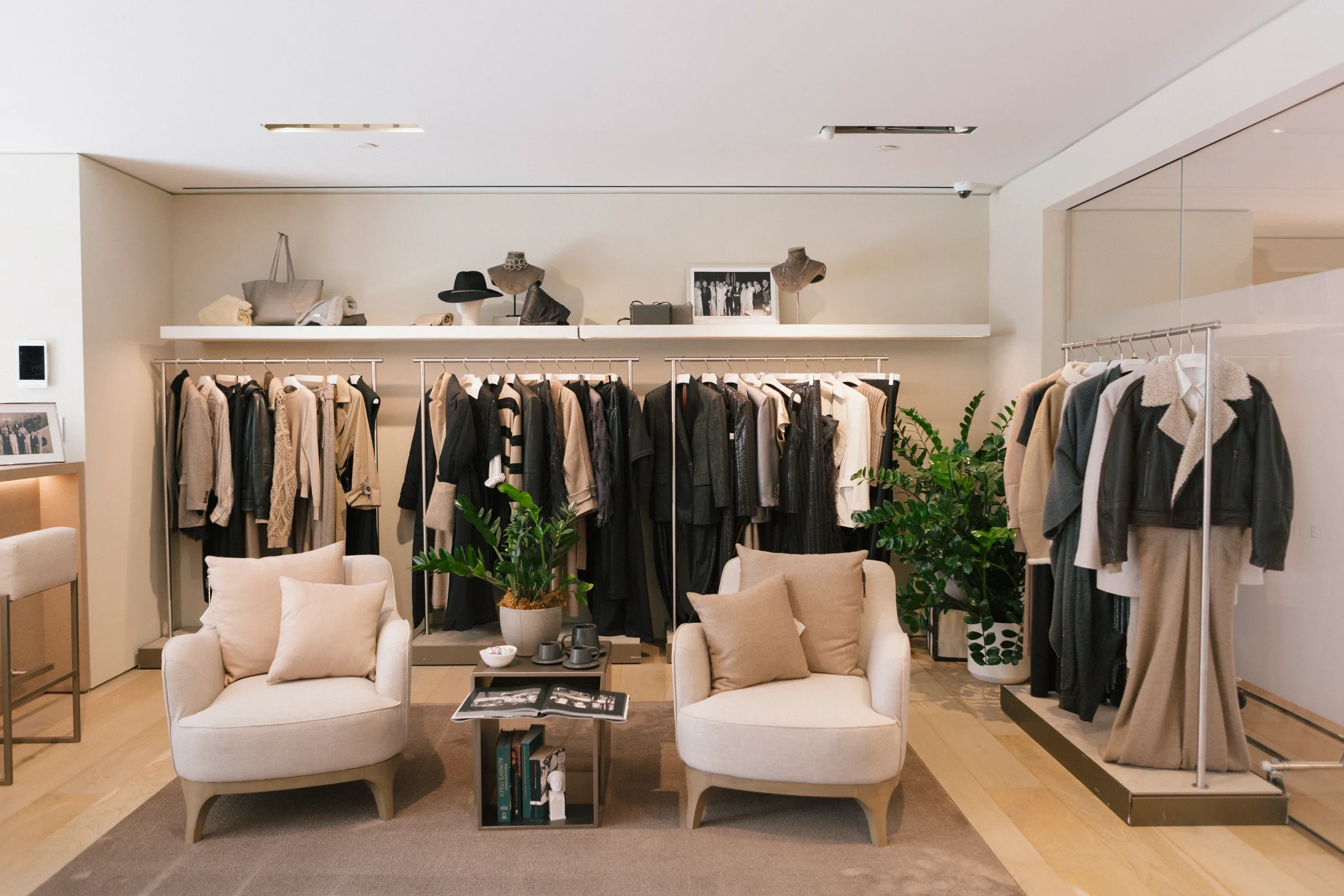 Ficus tree along window corridor in Brunello Cucinelli luxury fashion boutique