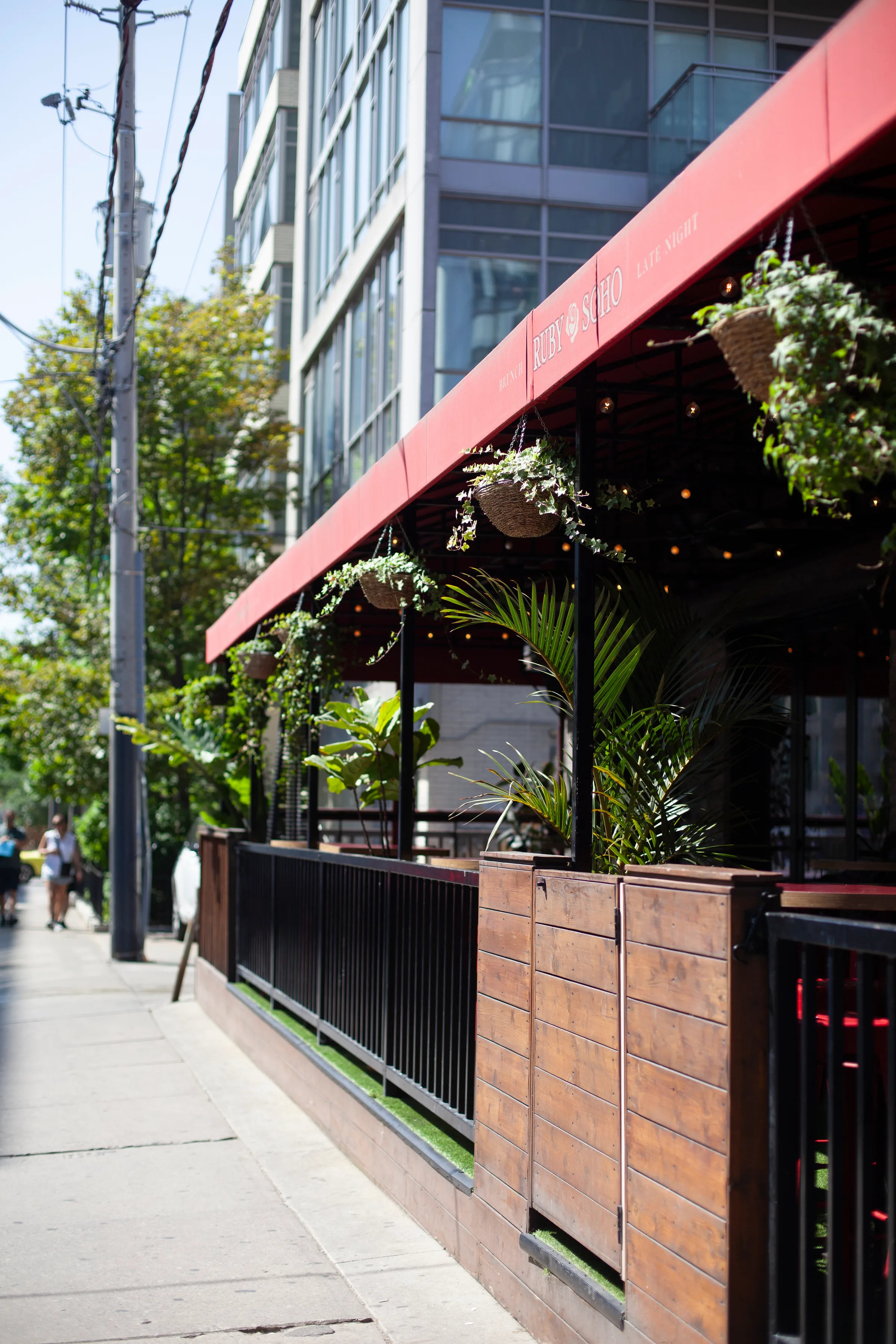 Patio corner with hanging baskets and tropical plants at Ruby Soho